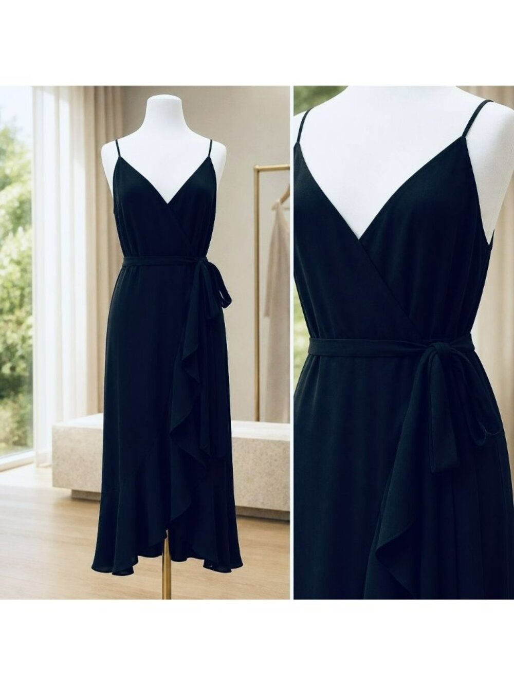 J Crew Black Faux Wrap Drapey Ruffled Spaghetti Strap Belted Midi Dress Sz 16